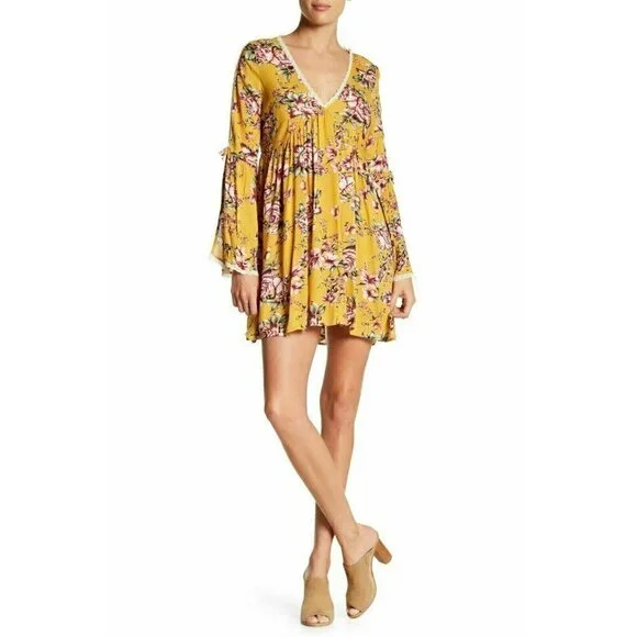 On The Road Womens Yellow V Neck Fit & Flar Garette Floral Dress Size L $120 - Picture 3 of 11